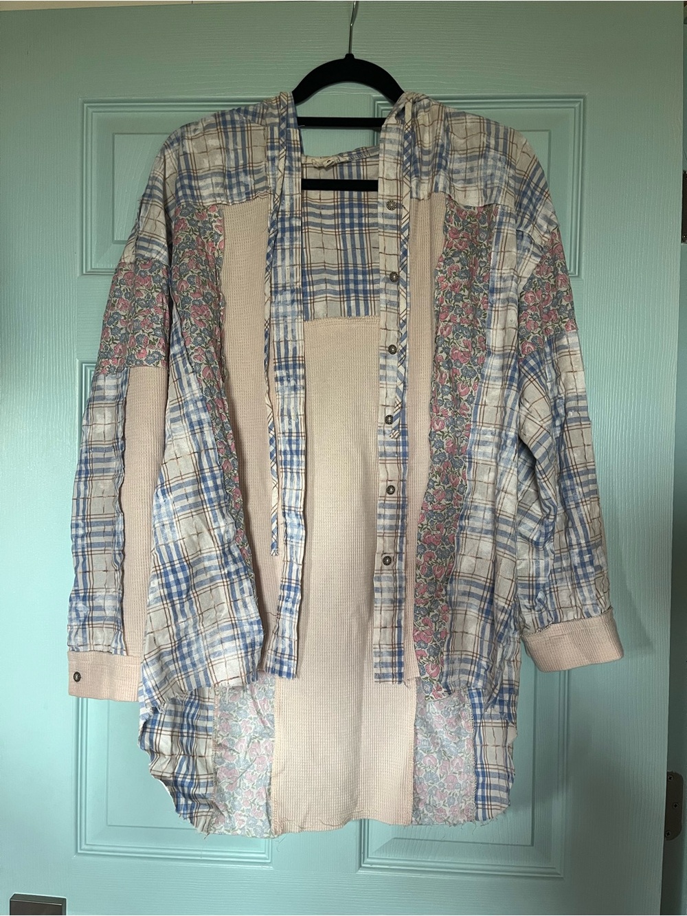 POL Plaid Button-Up Shirt in Blue, Cream, Brown
